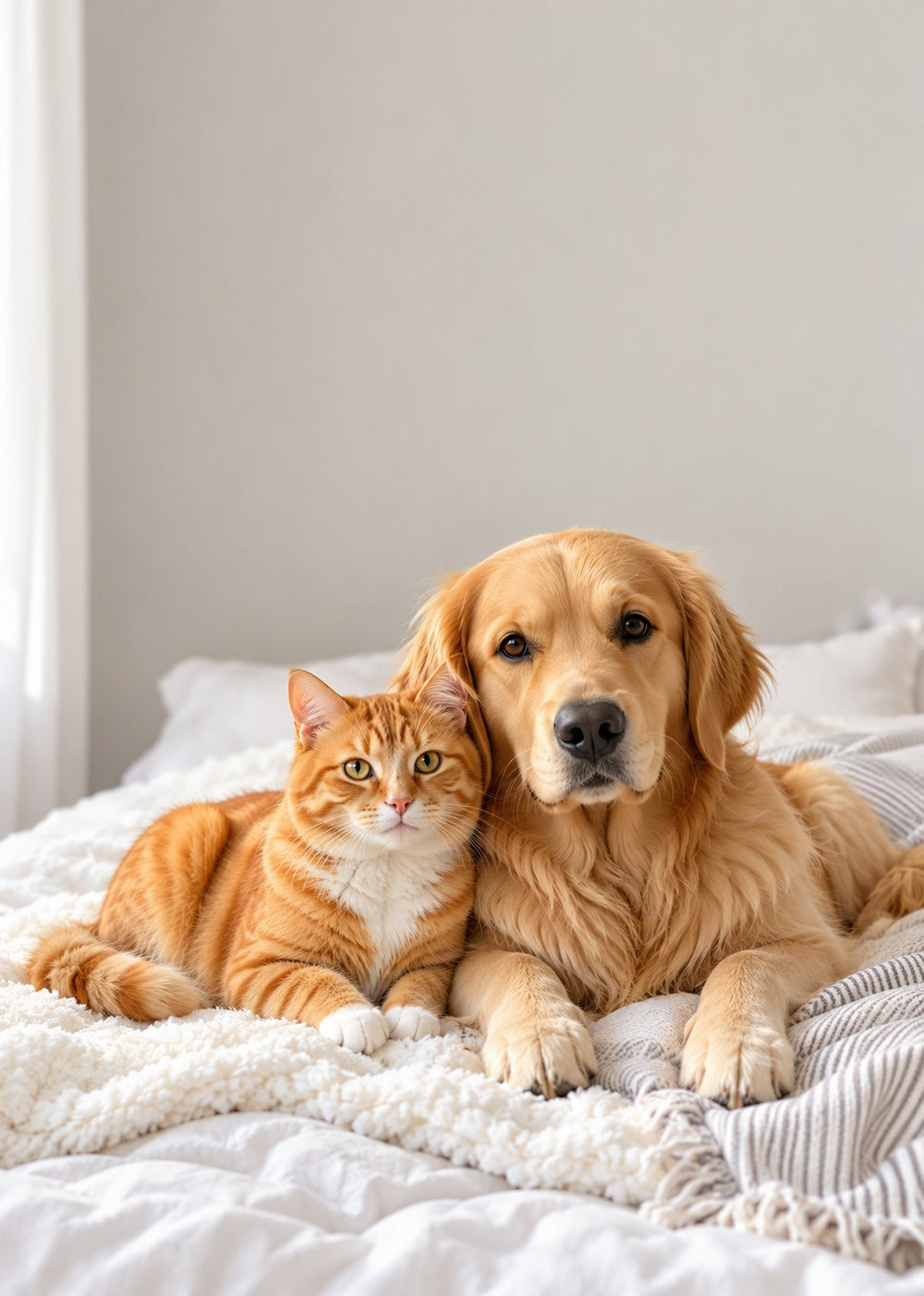 Golden retriever and orange tabby cat lying together on a white bed
