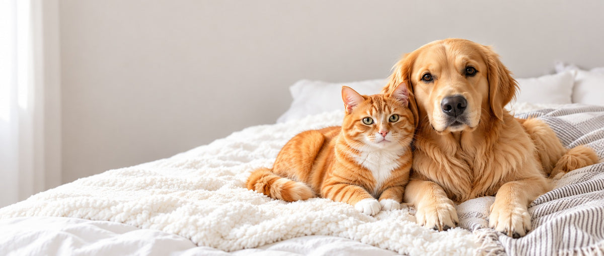 Golden retriever and orange tabby cat lying together on a white bed